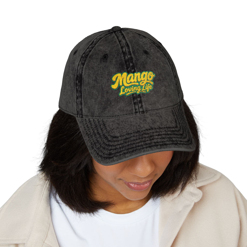 Vintage Embroidered Cap — "Mango Lovers" Distressed Baseball Hat