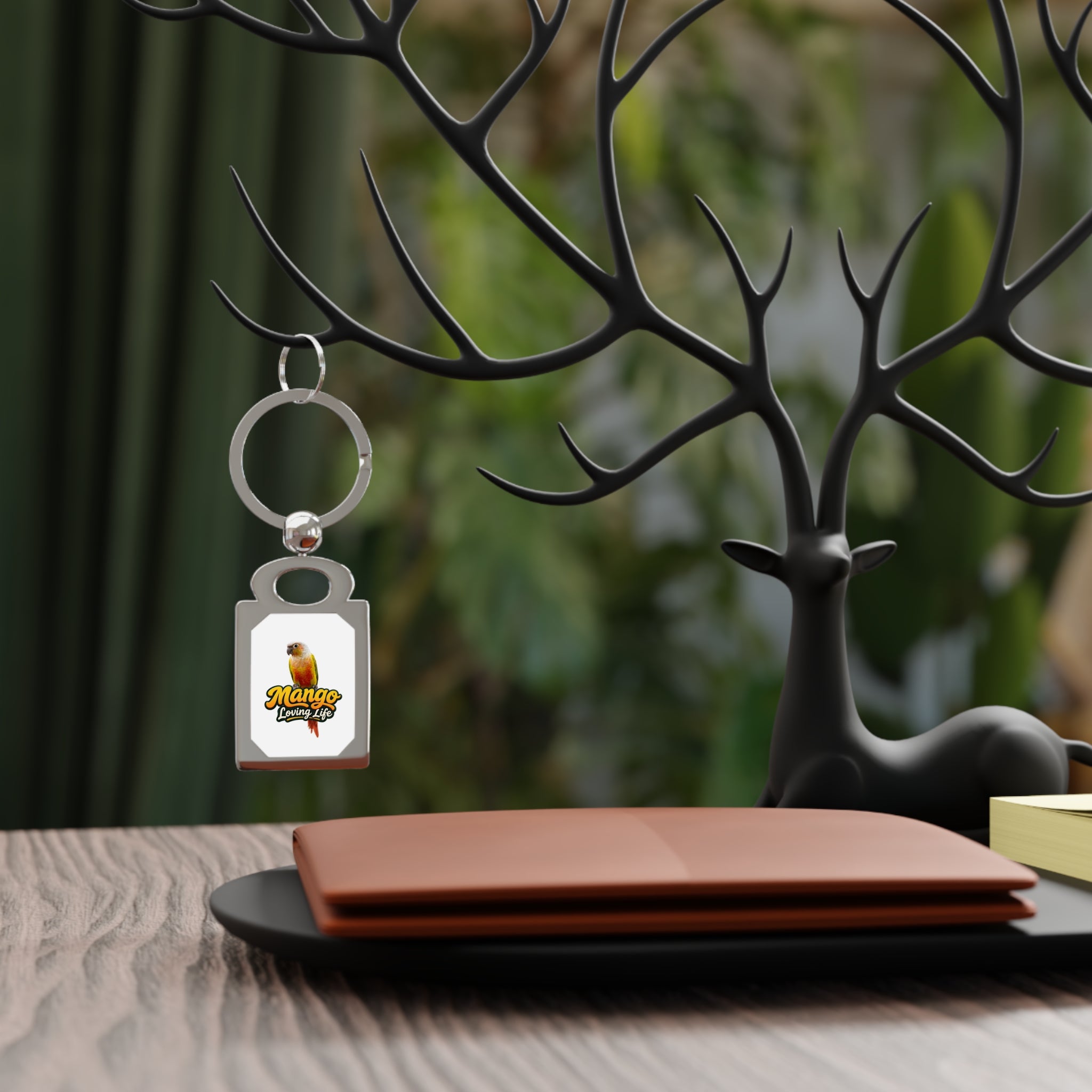 Rectangle Photo Keyring — Personalized Bird Photo Keychain ("Mango Loving Life")