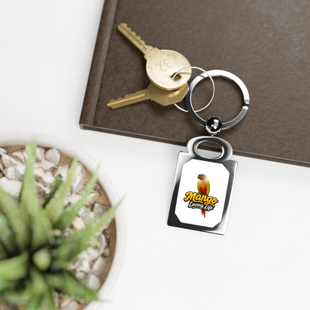 Rectangle Photo Keyring — Personalized Bird Photo Keychain ("Mango Loving Life")