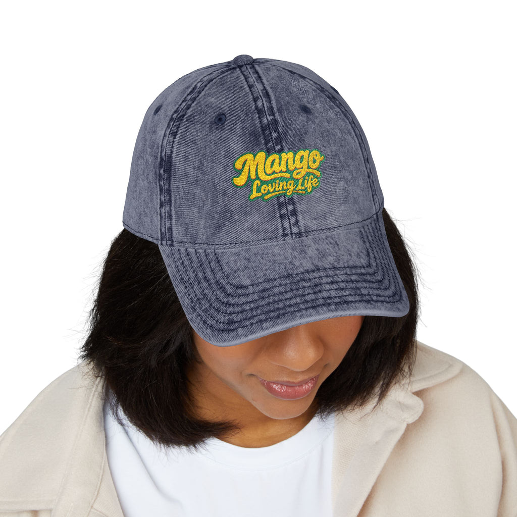 Vintage Embroidered Cap — "Mango Lovers" Distressed Baseball Hat