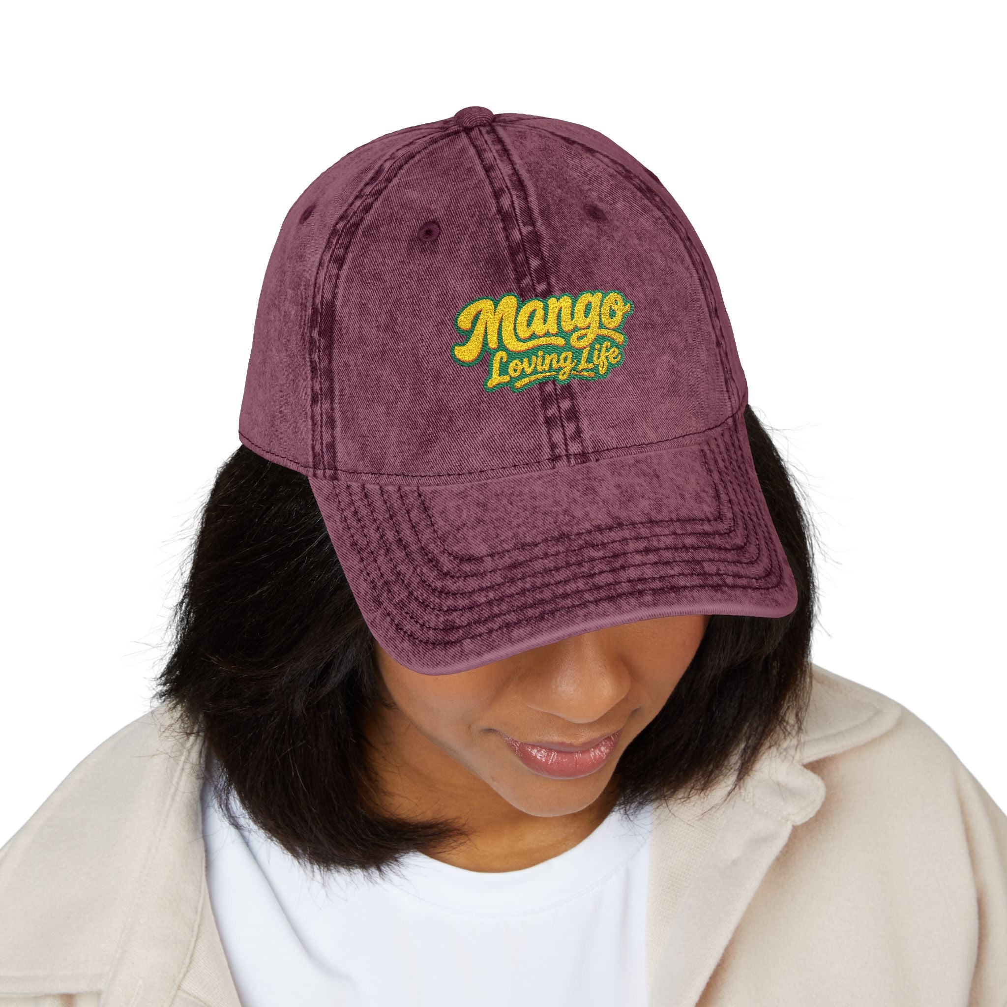 Vintage Embroidered Cap — "Mango Lovers" Distressed Baseball Hat